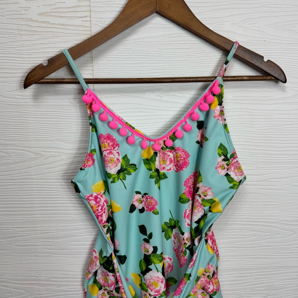 Betsey Johnson Vibrant Pink and Blue Floral Pom Pom Swimsuit XL - Picture 2 of 9